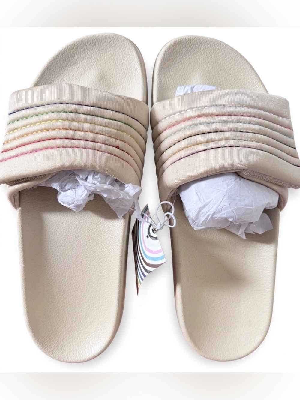 Beige Slide Sandals with Subtle Rainbow Stitching